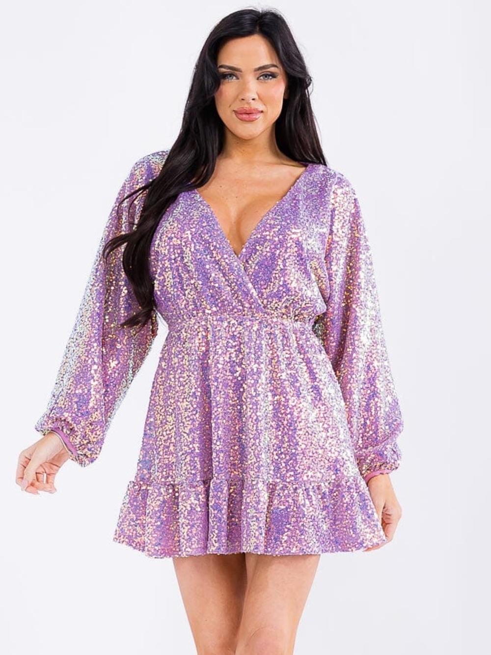 Strut & Bolt | Estella Long Sleeve Surplice Sequin Mini Dress Lilac Purple Large